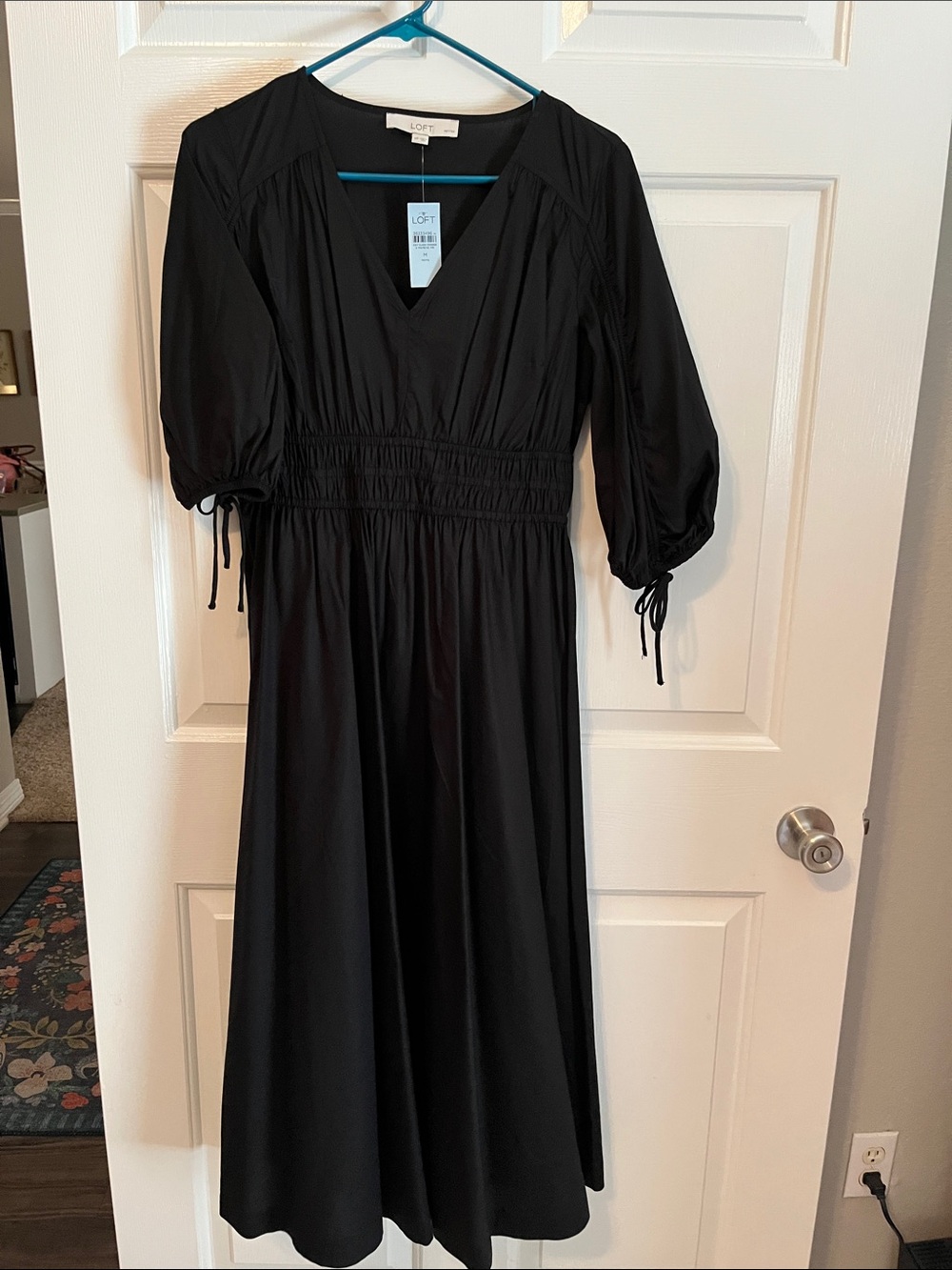 NWT LOFT Black V-Neck Smocked Waist Midi Dress